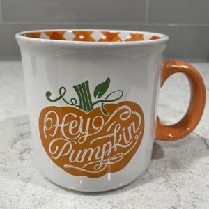 HEY PUMPKIN White Orange Plaid Coffee 16oz Mug Cup The Farmhouse Rachel Ashwell
